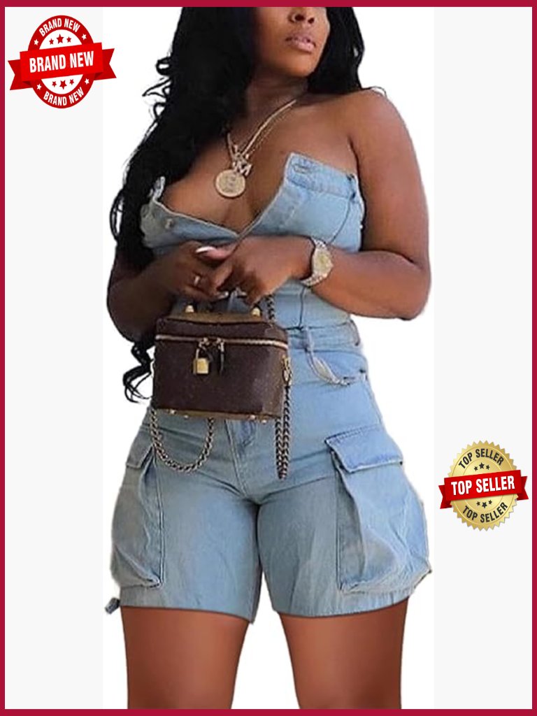 Strapless Denim Romper Sexy Sleeveless Cargo Shorts Jumpsuit